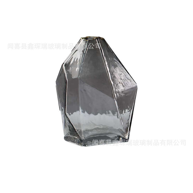 锤纹小口金边北欧复古风玻璃花瓶几何多边形装饰摆件客厅插花花器