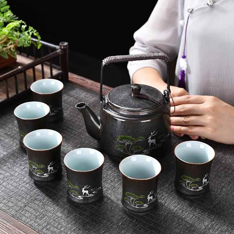 喝新款仿泡古风提梁壶茶具套装陶瓷茶壶水分离茶壶带过茶滤SXT沏