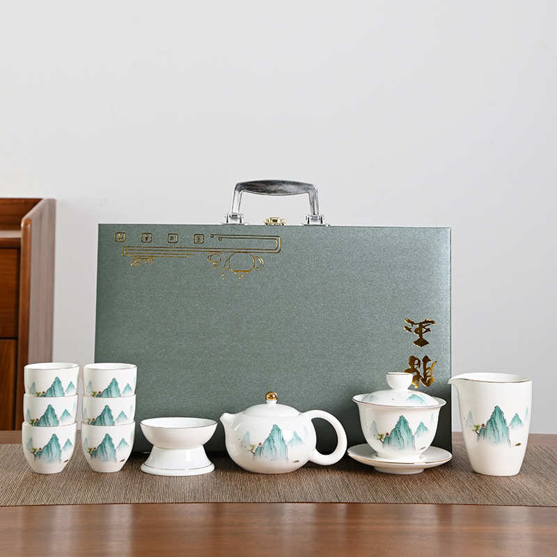 新款手绘山水描金千里江山羊脂玉茶具套装商务会销文创礼品批发