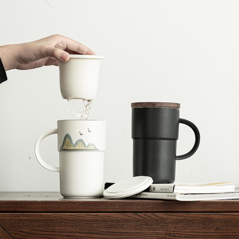 》带分离水杯茶水带过《滤泡茶杯盖茶陶瓷大容量办公手绘家用远山