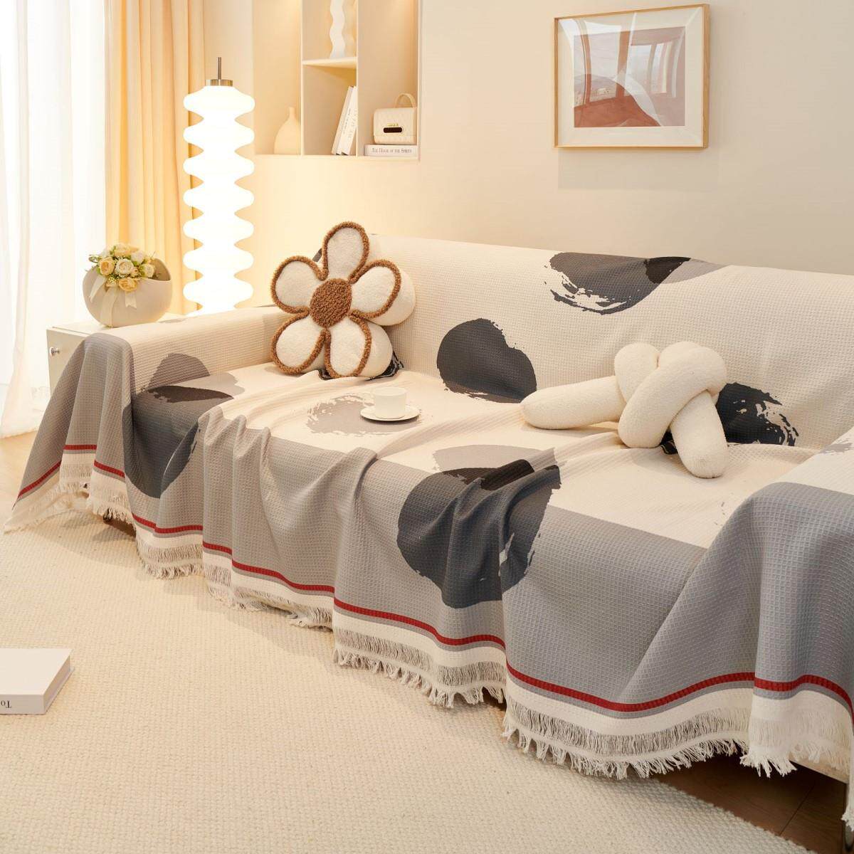 棉麻沙发巾现代简约华夫格印花全包万能沙发布盖布四季通用可机洗