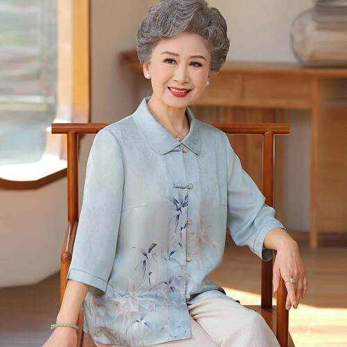 【桑蚕丝100%】中老年人奶奶夏装衬衫女开衫透气真丝上衣两件套薄
