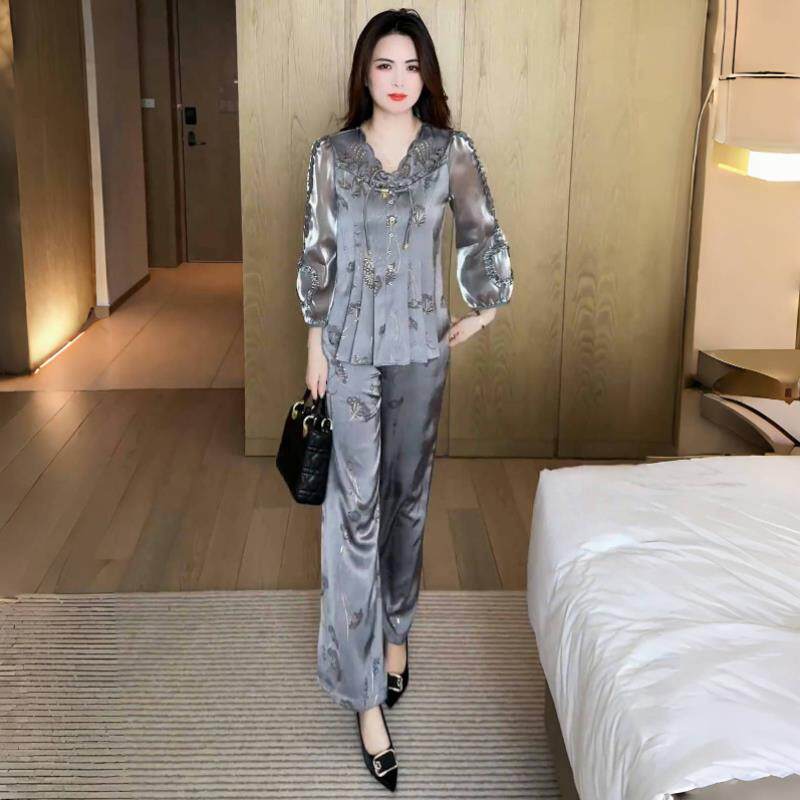 好货贵夫人时尚套装女士春秋新款新中式盘扣遮肚子衬衣气质减龄两