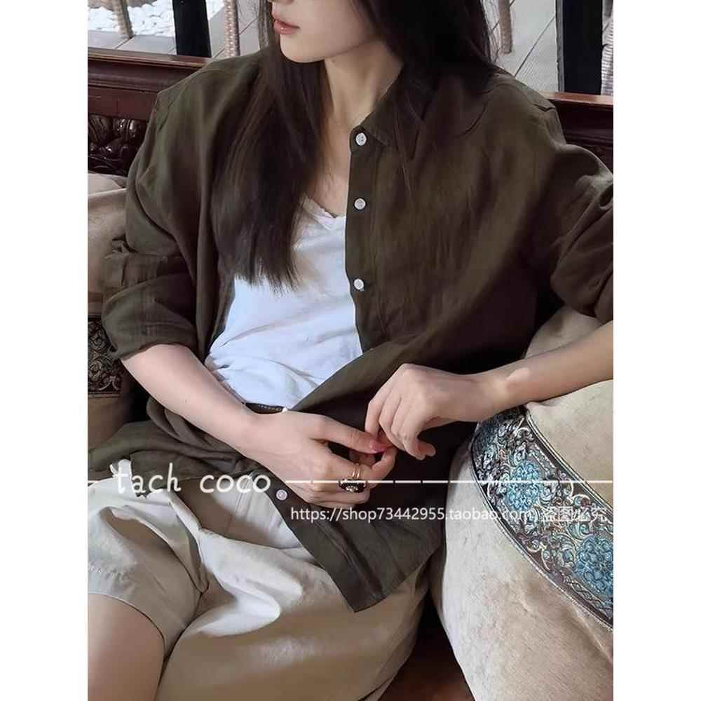 Tach Coco法式别致上衣高级感轻奢减龄薄款绿色防晒亚麻衬衫女夏