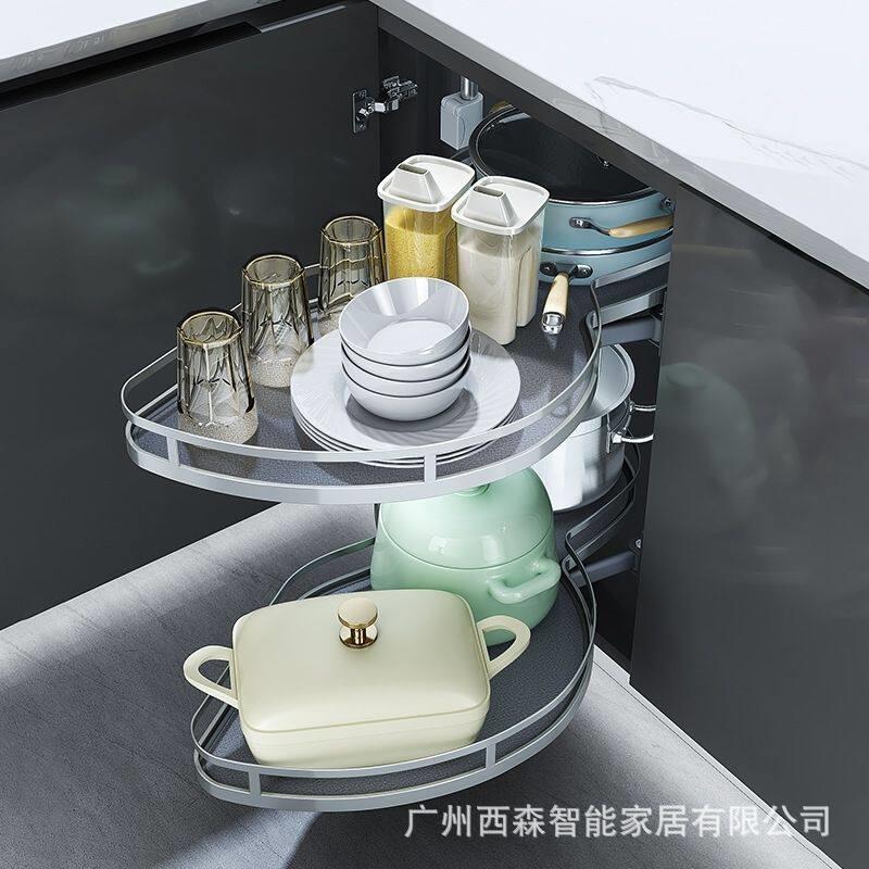 转角拉篮厨房橱柜拐角内置调味料双层收纳旋转置物架怪物飞碟碗篮