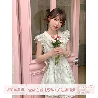 sinsingirl 爱丽丝游记 甜美少女感1/4吋套筒扳手袖绿格子收腰百