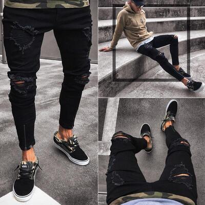 Elastic Denim Jeans Knee Ripped Skinny Fit Slim fit