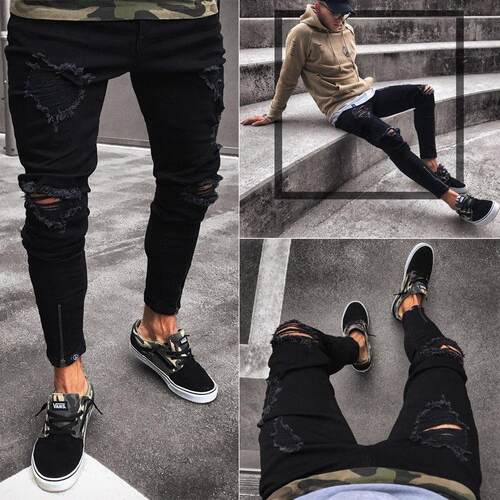 Elastic Denim Jeans Knee Ripped Skinny Fit Slim fit