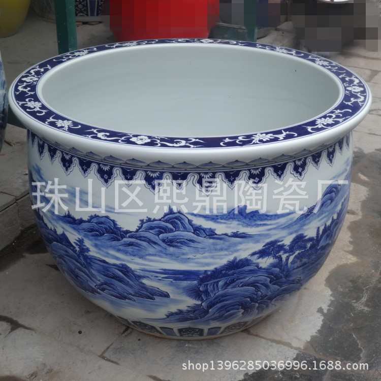 景德镇陶瓷大号鱼缸 手绘青花山水特大号金鱼缸 园林装饰缸