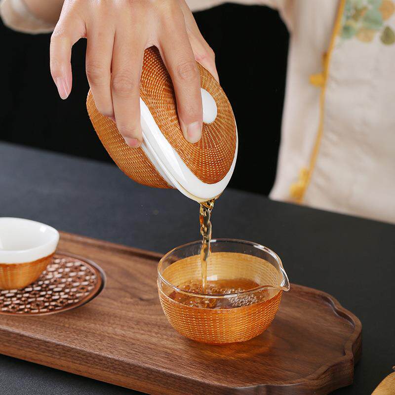 白瓷竹编盖碗竹丝扣瓷德化白瓷家用旅行高端茶杯茶具套装送礼盒