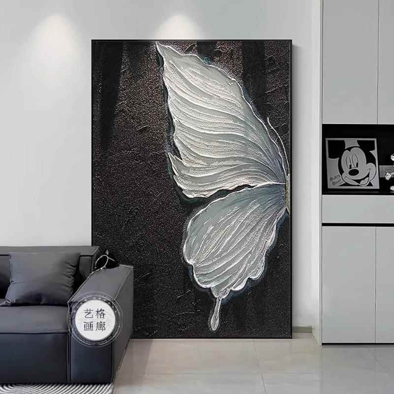 黑白蝴蝶玄关客厅装饰画摆画肌理感沙发背景落地挂画现代简约壁画图片