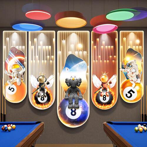 宇航员kaws台球厅装饰画黑8氛围灯棋牌馆桌球室俱乐部led发光挂画