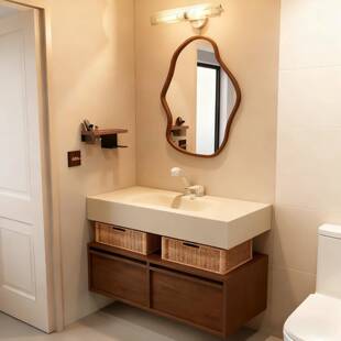 中古风岩板热弯一体盆浴室柜组合卫生间可丽耐洗漱台洗手盆柜定制