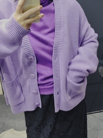 糖果色针织外套慵懒毛衣女(毛，衣女)2023秋冬紫色，开衫穿搭中长上衣时尚