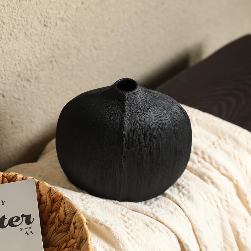 现代侘寂黑色拉丝陶瓷花瓶摆件 ins风高颜值艺术插花桌面花器批发