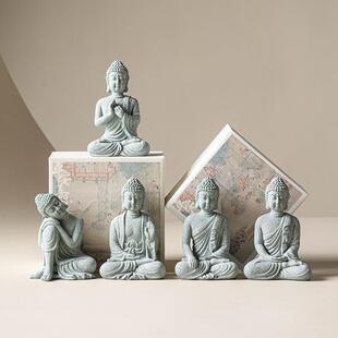 工厂创意中式禅意五佛青砂石摆件客厅办公桌面石雕造景装饰工艺品