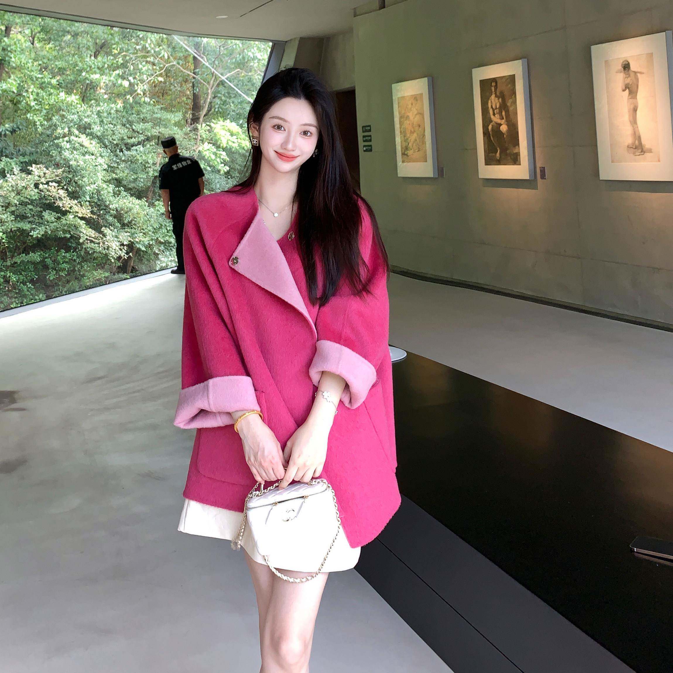 韩国2025冬新款两面穿气质粉色羊毛大衣女小个子高级感双面呢外套