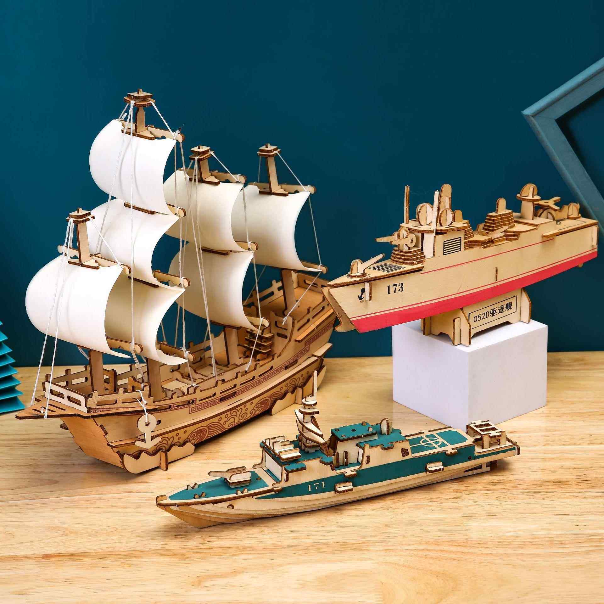 3D立体帆船战舰辽宁号木制立体拼图地摊货源模型益智手工玩具