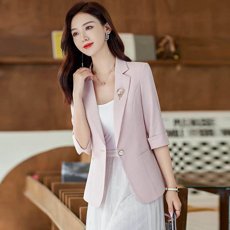 2025春夏小西装外套韩版修身西服上衣通勤风藕粉色西装