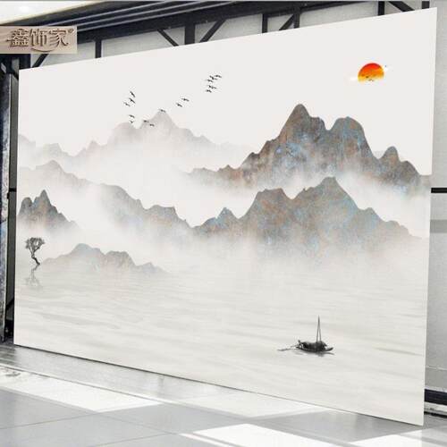 新中式水墨山水画护墙板客厅卧室电视背景墙板竹木纤维沙发集成板