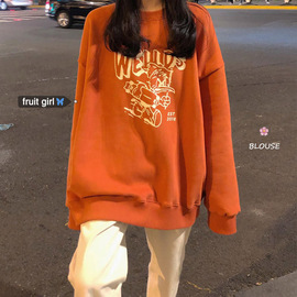 橙色印花套头圆领卫衣女装2021春秋季韩版宽松中长款网红上衣