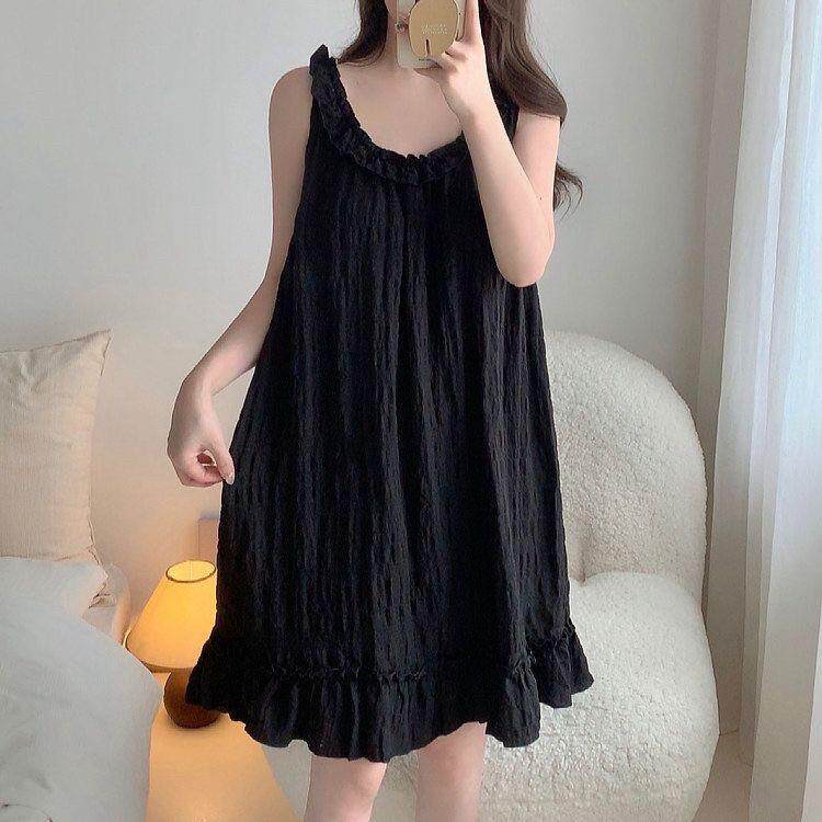 大尺码胖MM黑色吊带睡裙夏季宽松公主薄款吊带睡衣甜美夏天家居服