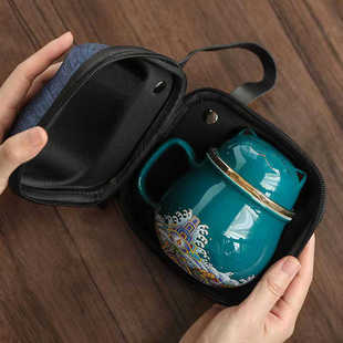 旅行车载户外功夫茶具陶瓷套装 国潮风招财猫快客一壶二杯便携包式