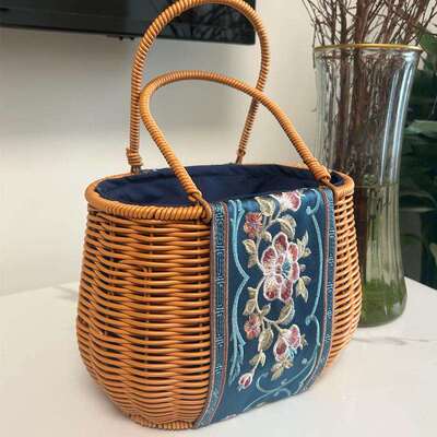 H15贝壳状椭圆形19X13X高16全高29cm 手提篮仿藤编时尚简约插花篮