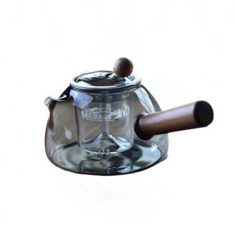 日式憨厚短嘴泡茶壶实木侧把蒸煮两用壶电陶炉煮茶壶耐热玻璃壶