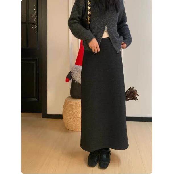 专柜高级感棉羊毛加绒加厚半身裙女秋冬高腰显瘦气质开叉直筒长裙