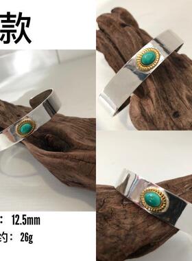 高档不同银匠高纯银羽毛桥老鹰松绿石开口手镯个复古宽版情侣素手