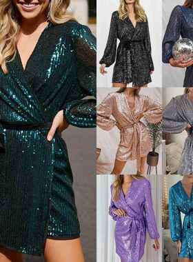 Sequin Wrap Dress Women V Neck Long Sleeves Glitter Party