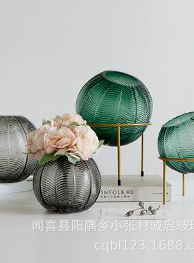 浮雕彩色圆球形花瓶带腿铁架子玻璃花瓶灰色小口圆形软装家具摆件