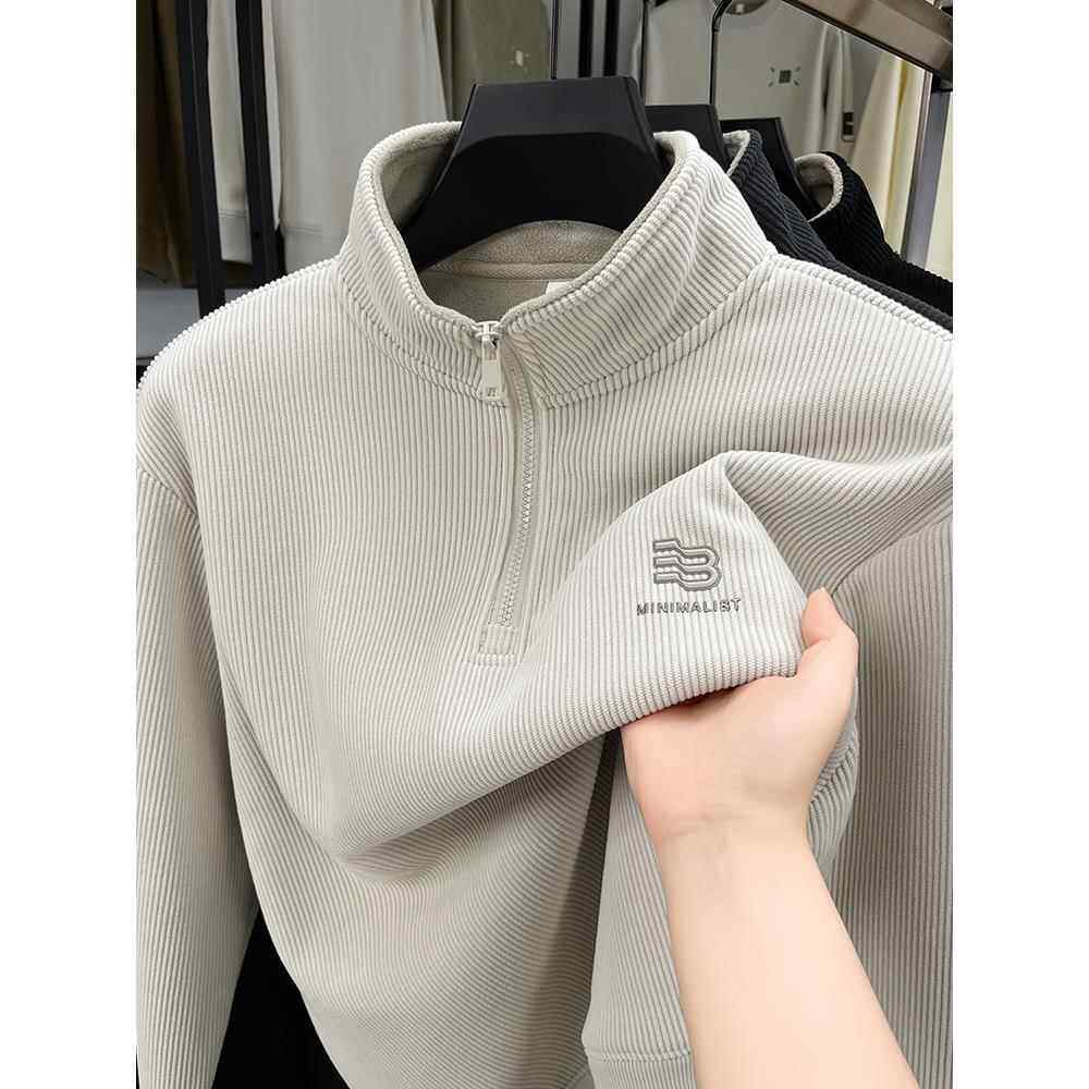 半拉炼立领羊毛衬里加厚运动衫男子长袖秋冬底衫保暖t恤内上装夹