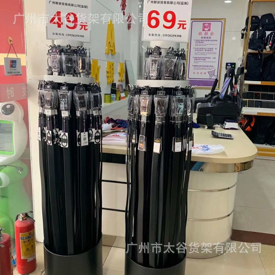 新款黑色圆桶带轴承皮带货架，各类皮具展架腰带