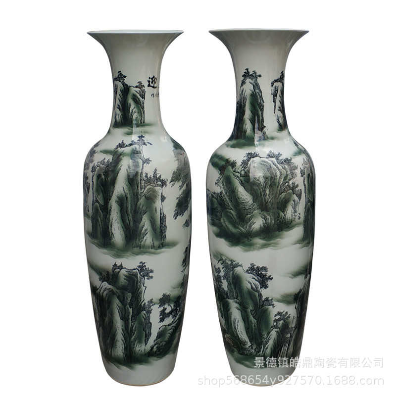 批发景德镇陶瓷大花瓶 仿古墨彩迎客松客厅家居落地摆件 开业礼品