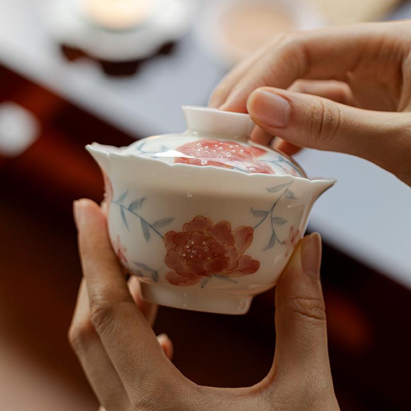 不弥言纯手绘牡丹花玉泥—牡盖碗手工陶夫瓷花口泡茶茶艺茶碗烫手