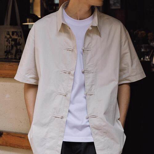 Hungry Artist新中式盘扣短袖衬衫纯棉国风T恤男订婚唐装汉服上衣