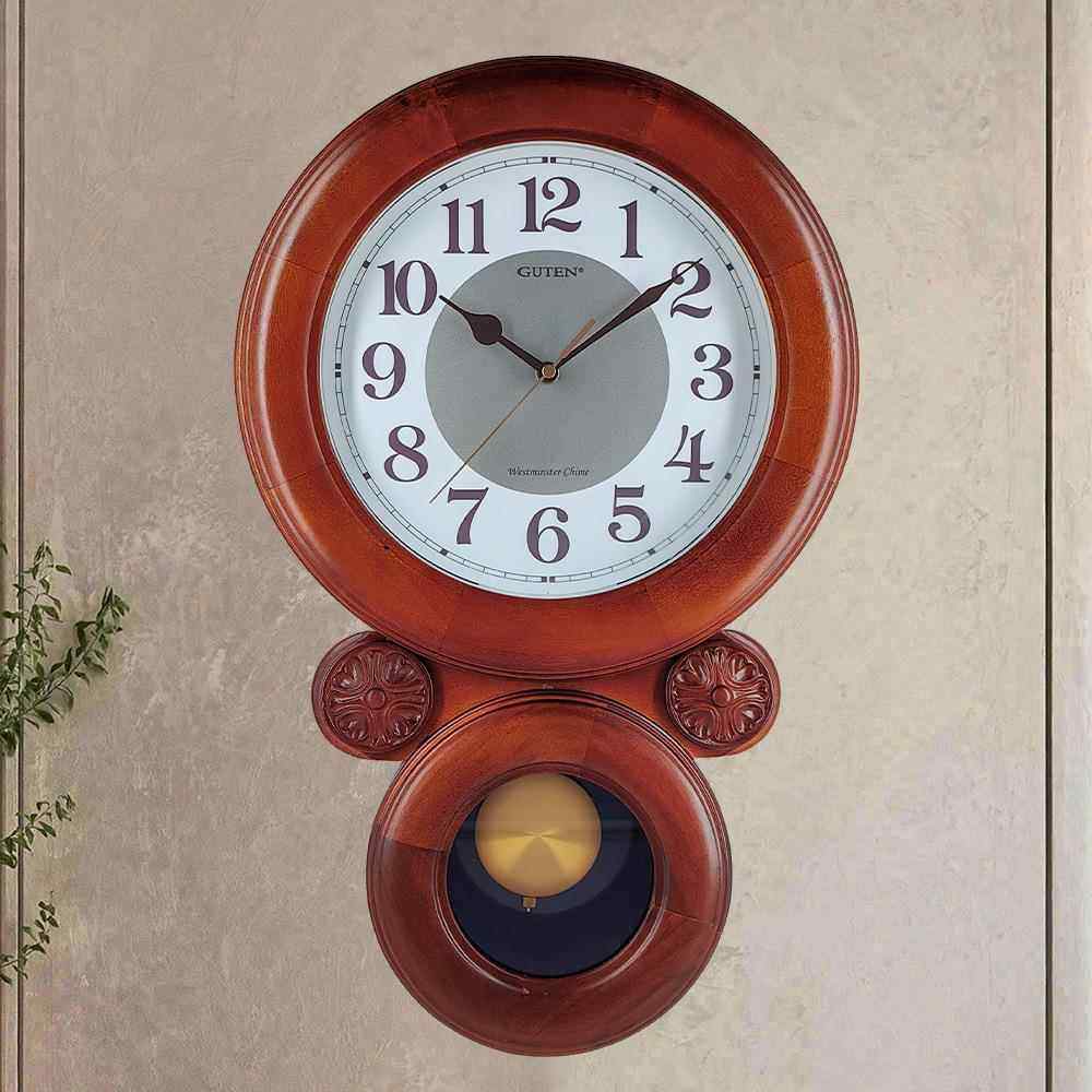 福禄吉祥中式黄杨实木家用客厅书房别墅双圆环形静音壁时计挂钟表