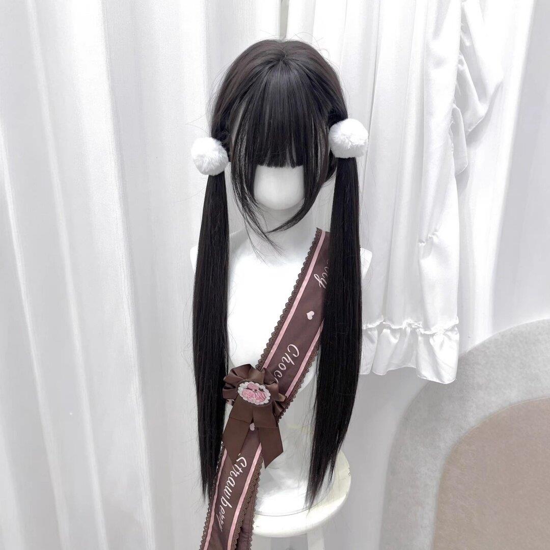 【初恋情书】萌瞭个萌假发女80cm黑长直双马尾lolita长直发全头套