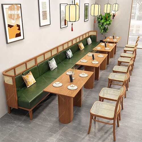 实木藤编半圆卡座沙发东亚日南式餐连锁锅火参照标注店主题西厅桌