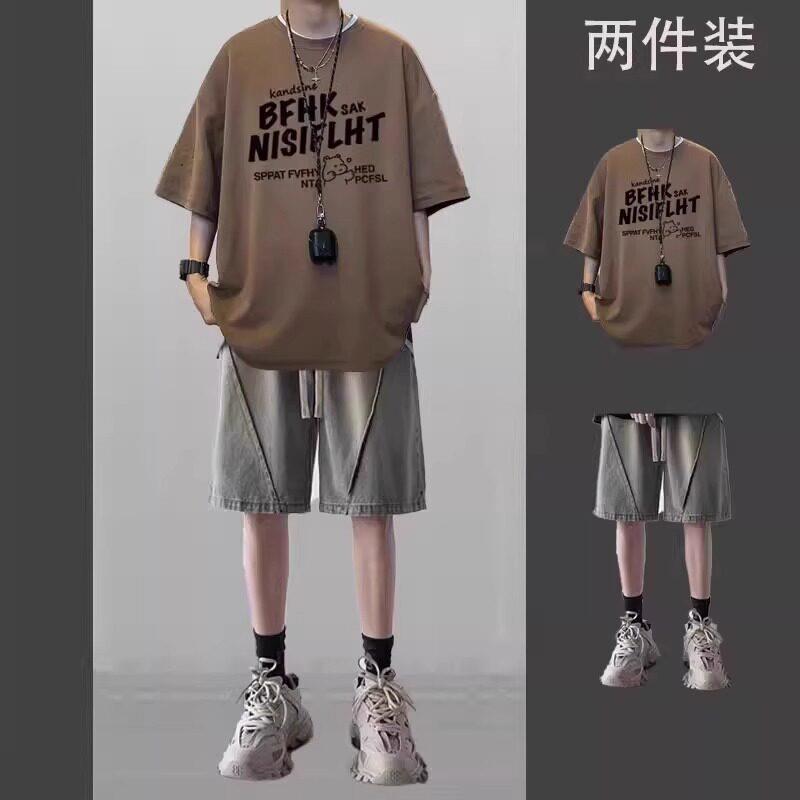 夏季潮牌痞帅短袖t恤男套装休闲帅气男装一套搭配牛仔短裤两件套