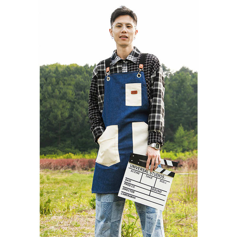 餐饮牛仔围裙美甲厨房奶茶店烘焙咖啡师厚帆布工作服印制logo