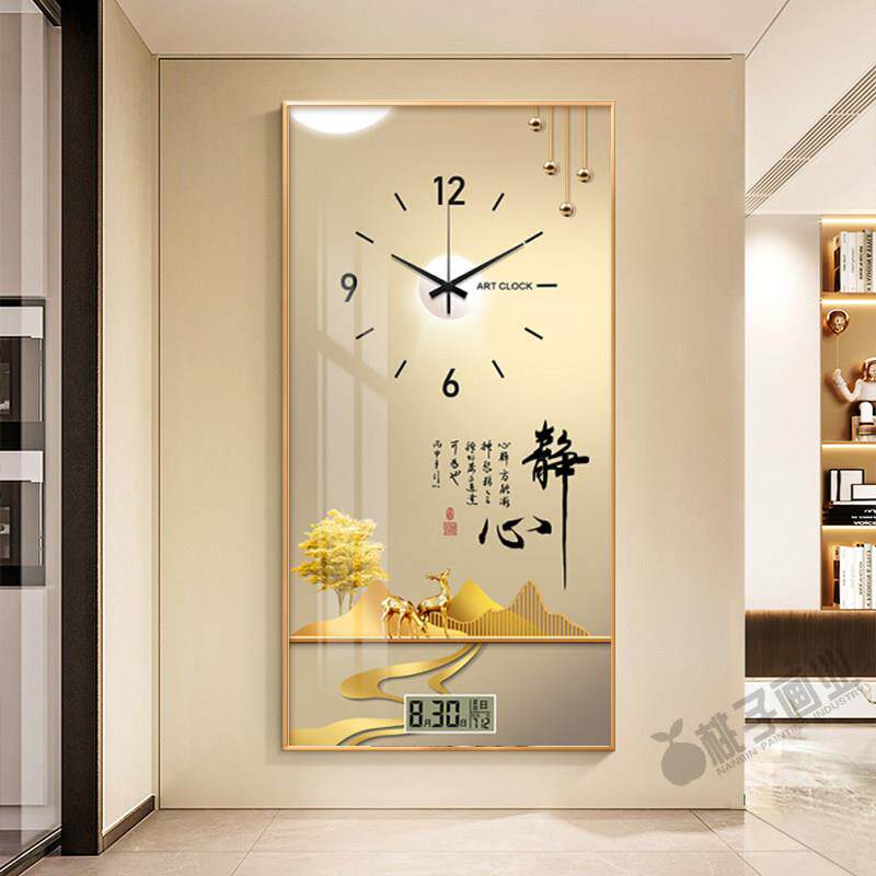 现代轻奢入户玄关装饰画寓意好客厅走廊过道挂画竖万年历钟表壁画
