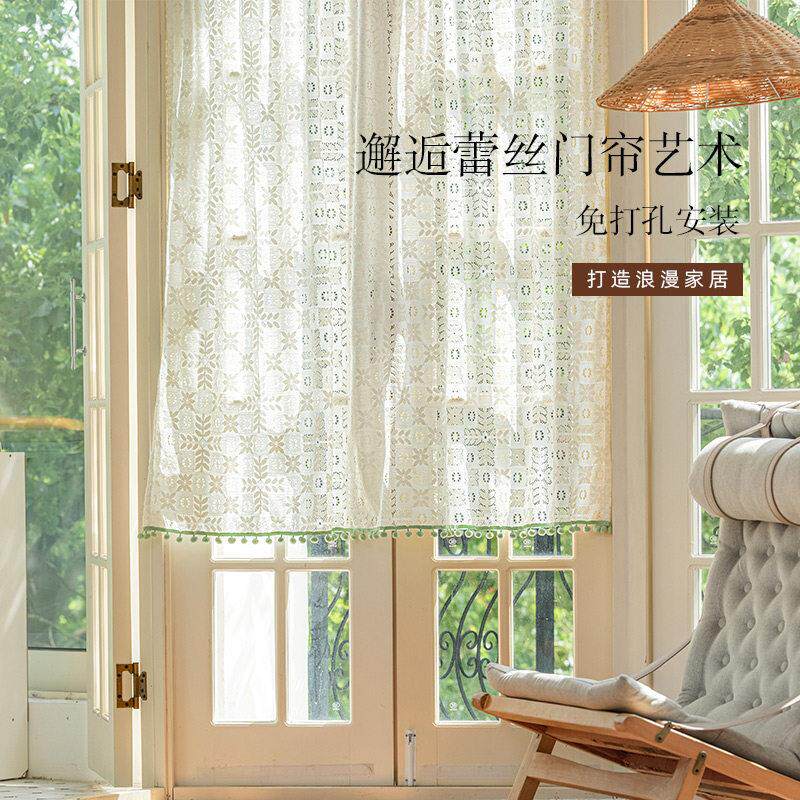 菱樱蕾丝帘窗帘卧室门帘隔断阳飘窗台厨房半帘DM1082-4短门家用白