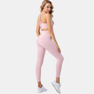 欧美热销款瑜伽服吊带文胸高腰蜜桃裤镂空美背罩衫健身三件套