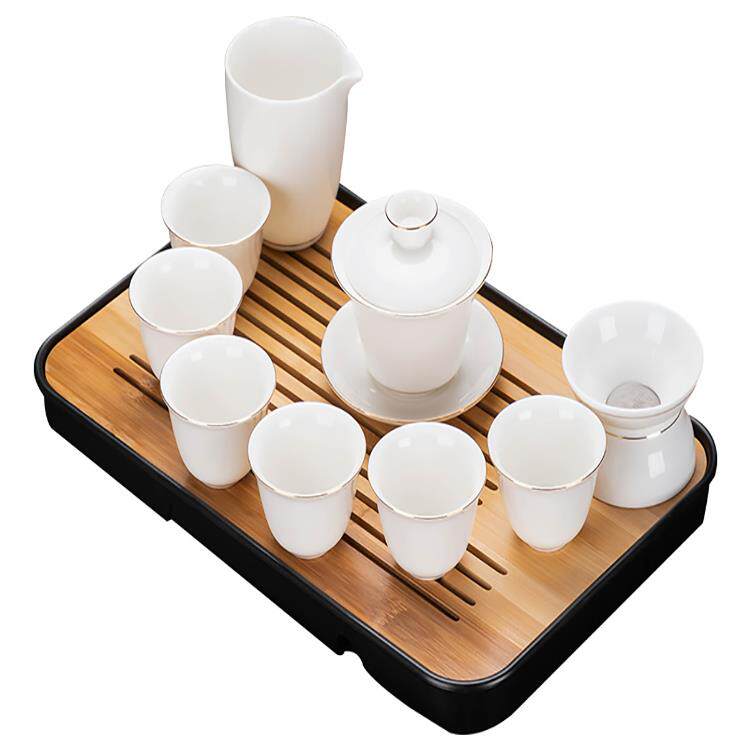 白瓷陶瓷功夫茶具套组家用茶杯简约办公乌金石小茶盘会客茶台整套