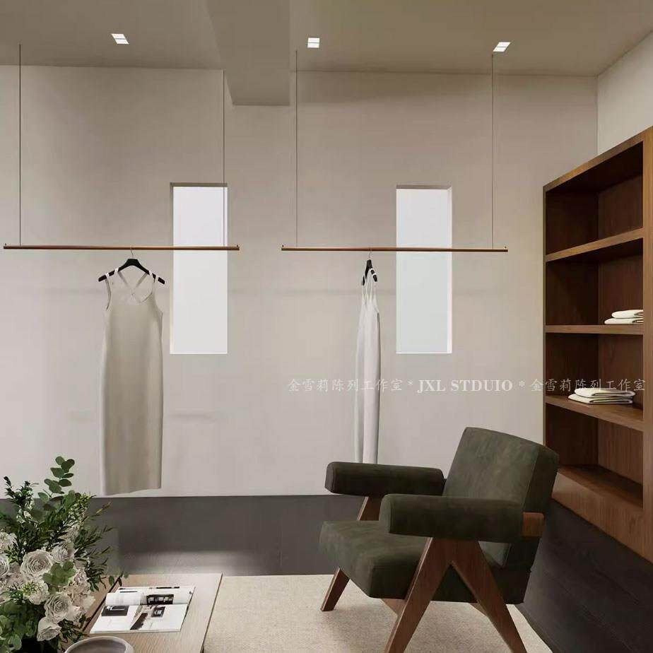 服装店展示架吊架吊杆胡桃木色挂衣杆女装墙顶吊顶钢丝实木衣架