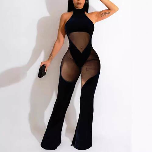 Women's Sheer Flare Leg Halter Neck Tulle Jumpsuit Solid