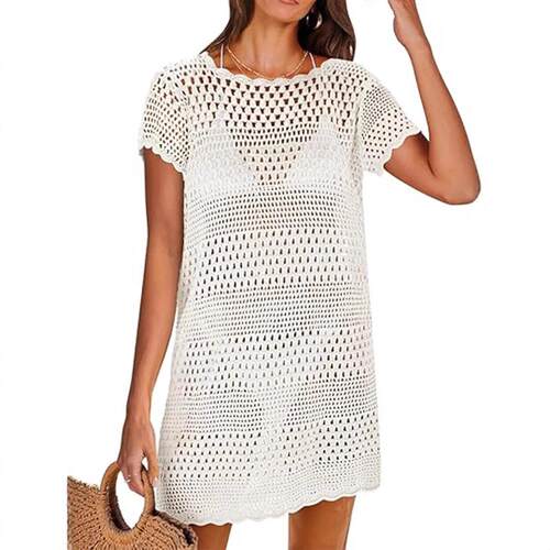 [Plus Size] Solid Color Hollow Out Knit Cover Up Dress,